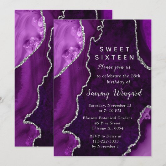 Invitation Purple and Silver Agate Marble Sweet Sixteen (Devant / Derrière)
