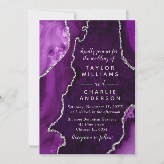 Invitation Purple and Silver Agate Marble Wedding (Devant)