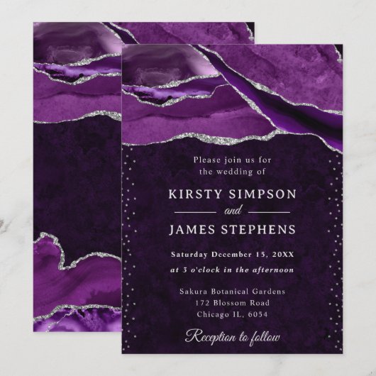 Invitation Purple and Silver Glitter Agate Wedding (Devant / Derrière)