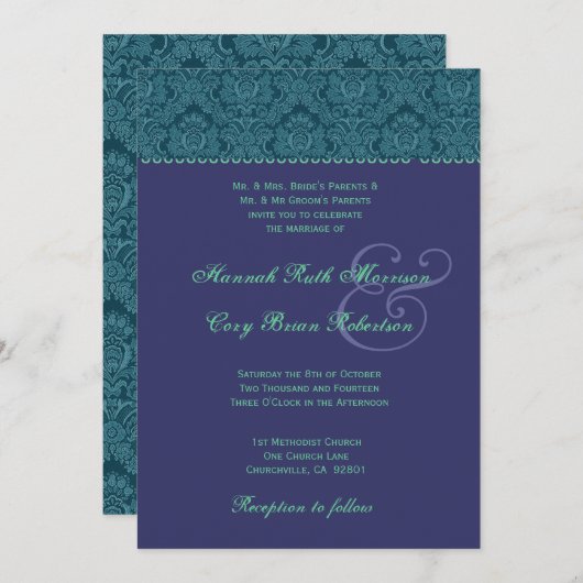 Invitation Purple and Turquoise Mariage damassé R4 (Devant / Derrière)