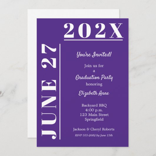 Invitation Purple and White Graduation Party (Devant / Derrière)