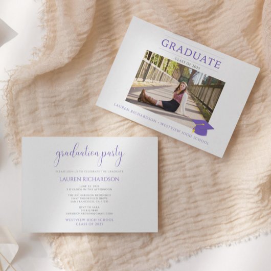 Invitation Purple and White Simple Photo Graduation Party