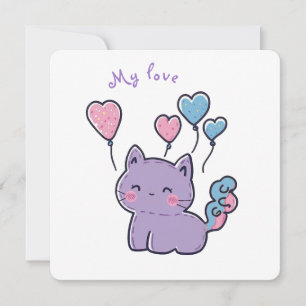 Invitation purple anime kitten and hearts