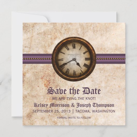 Invitation Purple Antique Horloge Enregistrer la date Annonce (Devant)