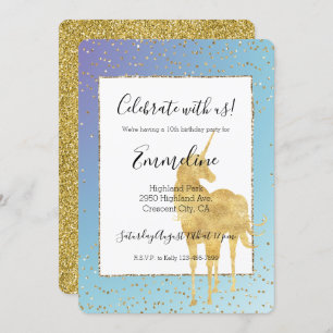 Invitation Purple Aqua Gold Unicorn Parties scintillant étinc