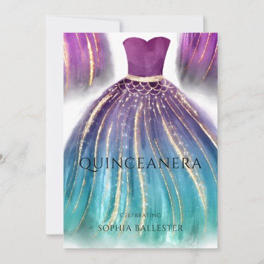 Invitation Purple Aqua Turquoise Ombre Mermaid Robe Quinceane (Devant)