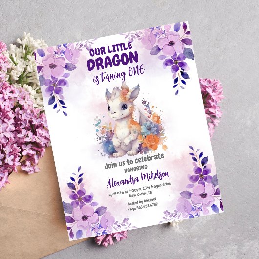 Invitation Purple Aquarelle Dragon Bébé 1er Anniversaire