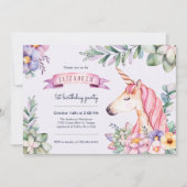 Invitation Purple Aquarelle Fleur Unicorn Fille Anniversaire (Devant)
