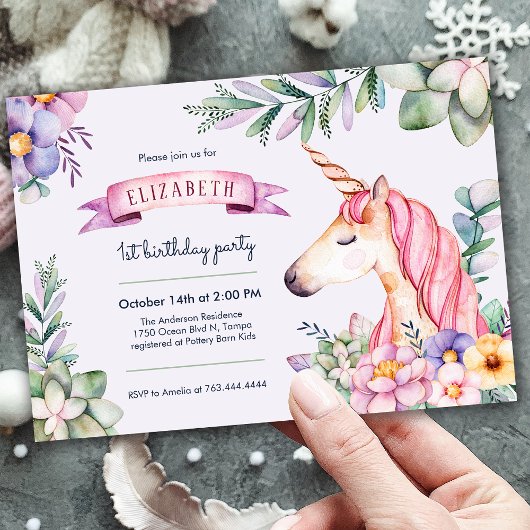 Invitation Purple Aquarelle Fleur Unicorn Fille Anniversaire