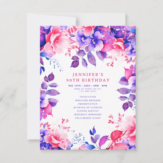 Invitation Purple Aquarelle Florale 90e Anniversaire Programm (Devant)