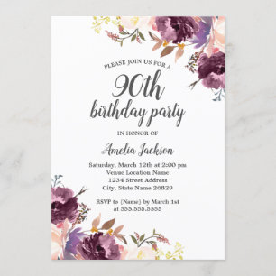 Invitation Purple Aquarelle Florale 90e fête d'anniversaire