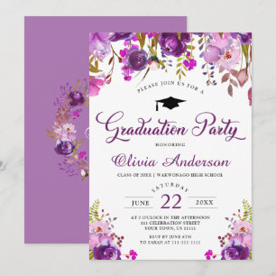Invitation Purple Aquarelle Florale Moderne Graduation Party