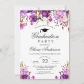Invitation Purple Aquarelle Florale Moderne Graduation Party (Devant)