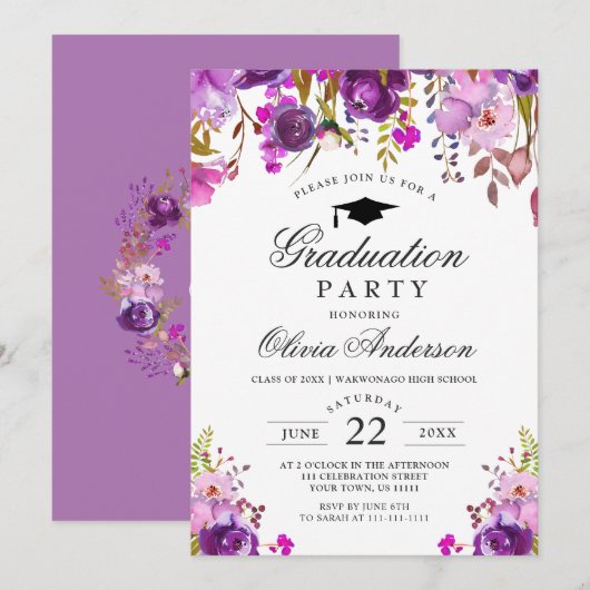 Invitation Purple Aquarelle Florale Moderne Graduation Party (Devant / Derrière)