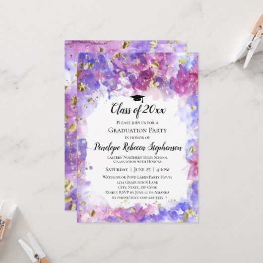 Invitation Purple Aquarelle Gold Splatter Graduation Party (Devant/Arrière en situation)