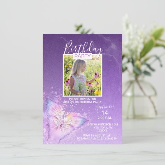 Invitation Purple Aquarelle Papillon Fille Anniversaire | PHO (Debout devant)