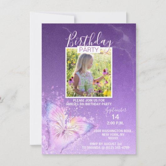 Invitation Purple Aquarelle Papillon Fille Anniversaire | PHO (Devant)
