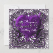 Invitation Purple & Argent Coeur Étincelle Douce 16 Invitatio (Devant)