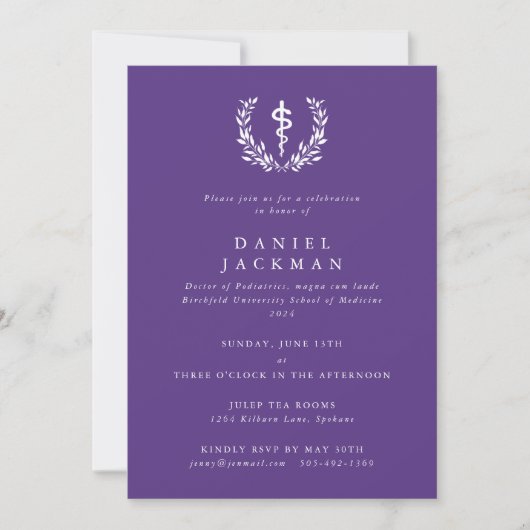 Invitation Purple Asclepius Médicale School Graduation (Devant)
