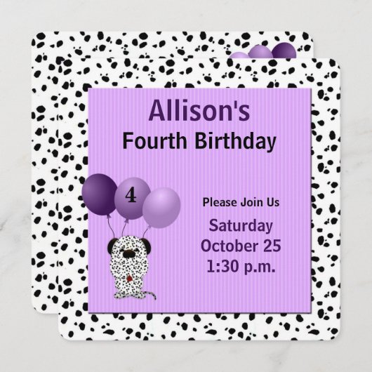 Invitation Purple avec Dalmations 4e fête d'anniversaire (Devant / Derrière)