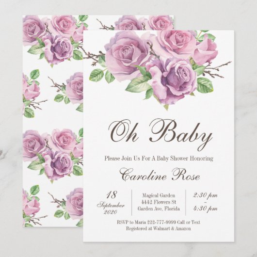 Invitation Purple Baby Girl Douche Invitations, Fleur violet (Devant / Derrière)
