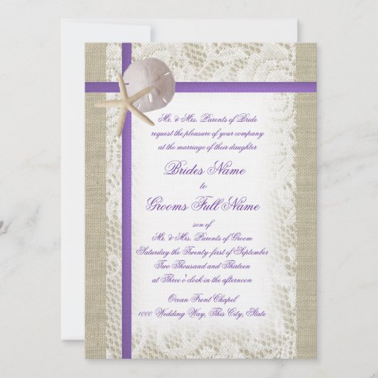 Invitation Purple Beach Burlap et Vintage Lace Mariage (Devant)