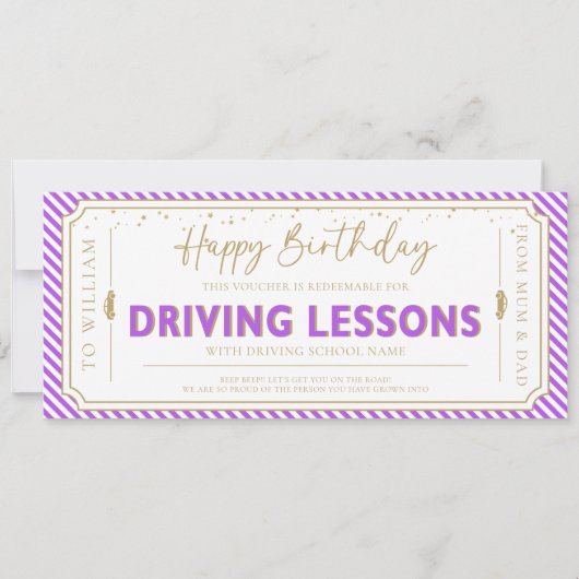 Invitation Purple Birthday Driving Lessons Gift Voucher Card (Devant)