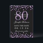 Invitation Purple Black 80th Birthday Save Date Détails<br><div class="desc">Elégant design "70th Birthday Party" avec faux confettis de parties scintillant & détails texte. Facile à utiliser et facile à personnaliser. Commandez aujourd'hui !</div>