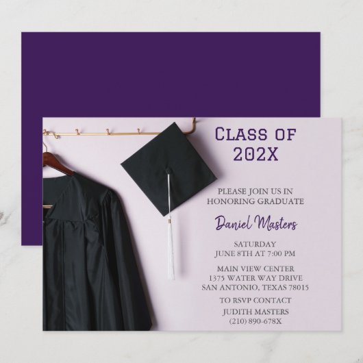 Invitation Purple/Black Casquette & Gown Graduation Invitatio (Devant / Derrière)