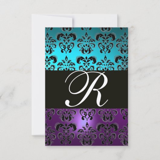 Invitation PURPLE BLACK DAMASK MONOGRAM RSVP, turquase bleue (Devant)