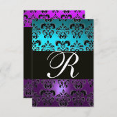 Invitation PURPLE BLACK DAMASK MONOGRAM RSVP, turquase bleue (Devant / Derrière)