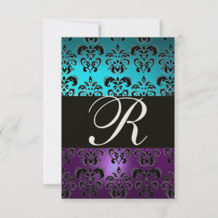 Invitation PURPLE BLACK DAMASK MONOGRAM RSVP, turquase bleue