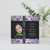 Invitation Purple Black Damask Photo Sweet 16 Party (Debout devant)