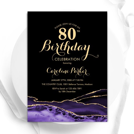 Invitation Purple Black Gold Agate 80e anniversaire