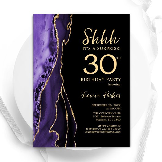 Invitation Purple Black Gold Agate Surprise 30e anniversaire