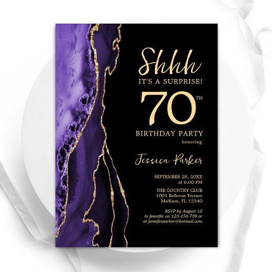 Invitation Purple Black Gold Agate Surprise 70e anniversaire