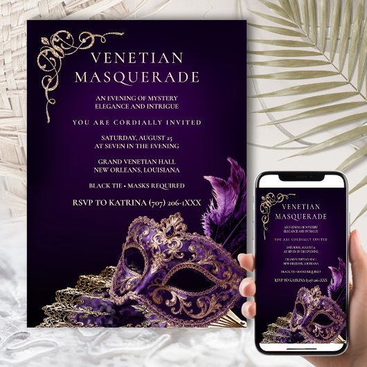 Invitation Purple Black Masquerade Ball Elegant Venetian 
