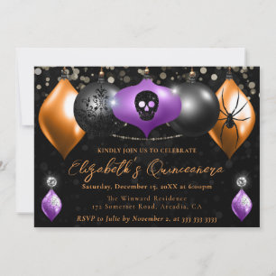 Invitation Purple Black, Orange Halloween Baubles Quinceanera