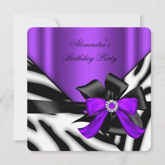 Invitation Purple Black Zebra Frappe Anniversaire (Devant)