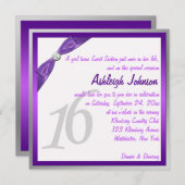 Invitation Purple, blanc et argent avec Crystal Sweet 16 (Devant / Derrière)