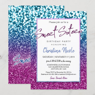 Invitation Purple Bleu et Bokeh Lumières Glam Sweet 16