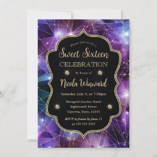 Invitation Purple & Bleu Minuit Cristal Galaxy Sweet 16