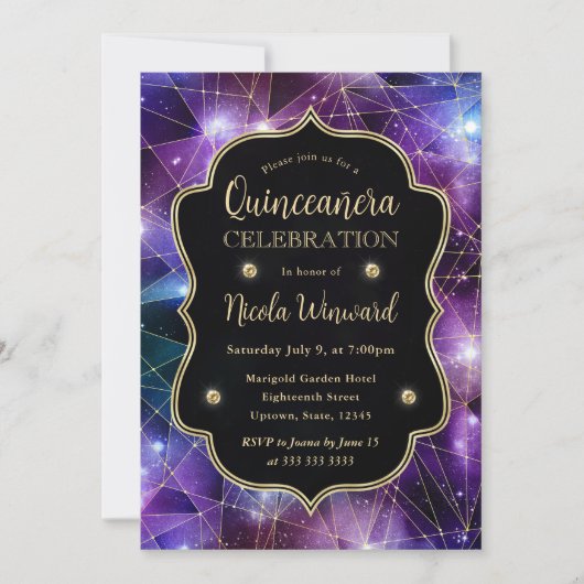 Invitation Purple & Bleu Minuit Crystal Galaxy Quinceanera (Devant)