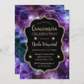Invitation Purple & Bleu Minuit Crystal Galaxy Quinceanera (Devant / Derrière)