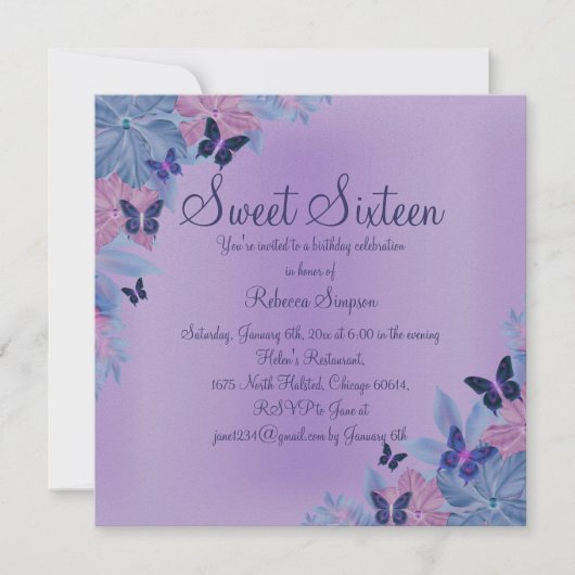 Invitation Purple & Bleu Shimmer Butterfly Sweet 16 Invitatio (Devant)