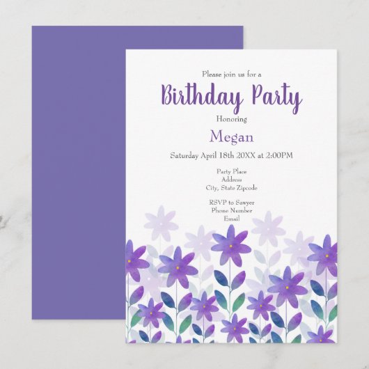 Invitation Purple bleu vert aquarelle Jardin Invitat (Devant / Derrière)