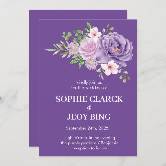 Invitation Purple Blooms Dusty Rose Floral Mariage (Devant / Derrière)