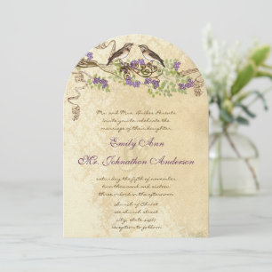 Invitation Purple Blooms Green Leaves Vintage Bird Weddings