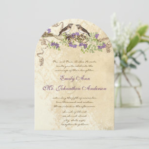 Invitation Purple Blooms Green Leaves Vintage Bird Weddings