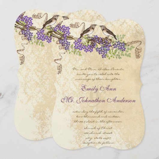 Invitation Purple Blooms verts Feuilles Vintages Mariages d'o (Devant / Derrière)